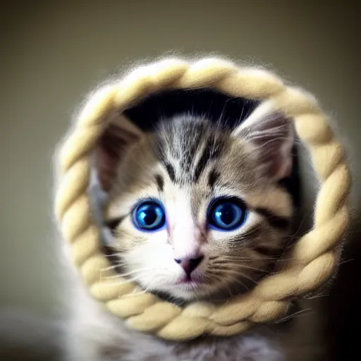Prompt: photo of a kitten made of a ball of yarn