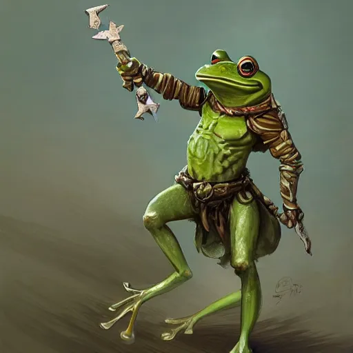 Prompt: A frog warrior, walking on stilts, by greg rutkowski, in the style of magic the gathering