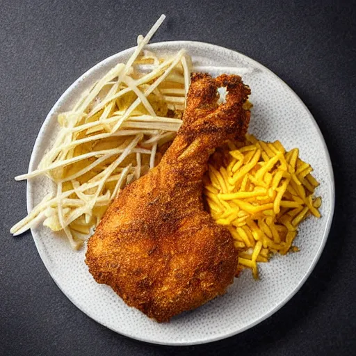 Prompt: chicken fried on a computer cpu chip plate, food, photograph, poster, orthographic