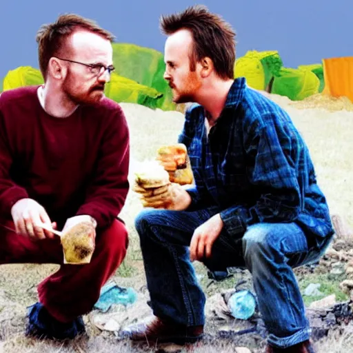 Image similar to walter white and jesse pinkman eating hamburger