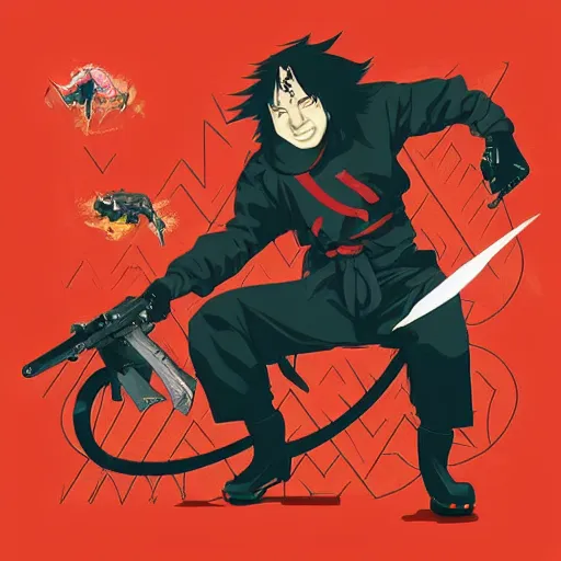 Prompt: Album Art for Playboi Carti as Black Madara, Ninja Scroll, Vector art, Geometric 3d shapes, Gang, Guns, Blood, red smoke, by Sachin Teng, Trending on artstation