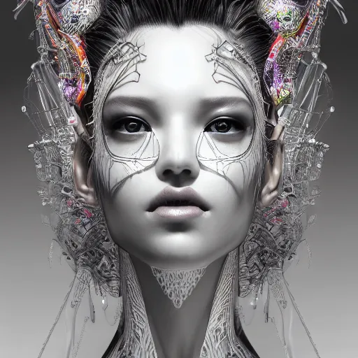 Prompt: the portrait of an absurdly beautiful, graceful, elegant, sophisticated, fashionable cyberpunk gravure idol, an ultrafine hyperdetailed illustration by kim jung gi, irakli nadar, hong june hyung, intricate linework, bright colors, porcelain skin, mixed metals, unreal engine 5 highly rendered, global illumination, radiant light, detailed and intricate environment