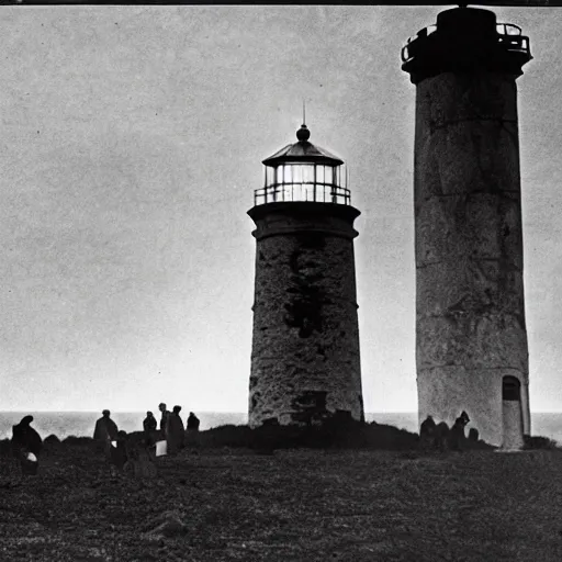 Image similar to worshippers dressed in robes belonging to the cult of the lighthouse. Dilapidated 1800s lighthouse. Unnaturally tall lighthouse. Beacons of light. 1800s photo.