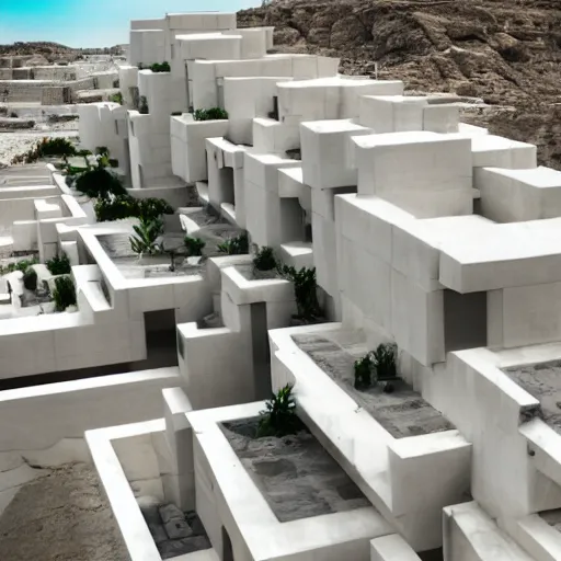 Image similar to habitat 6 7, white lego terraced architecture hotel in the dessert, many plants and infinite pool