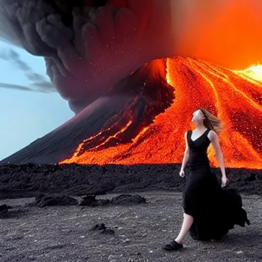 Image similar to Majestic photo of a beautiful! woman wearing a black dress walking towards the camera while a volcano explodes behind her, movie scene, majestic!, amazing!