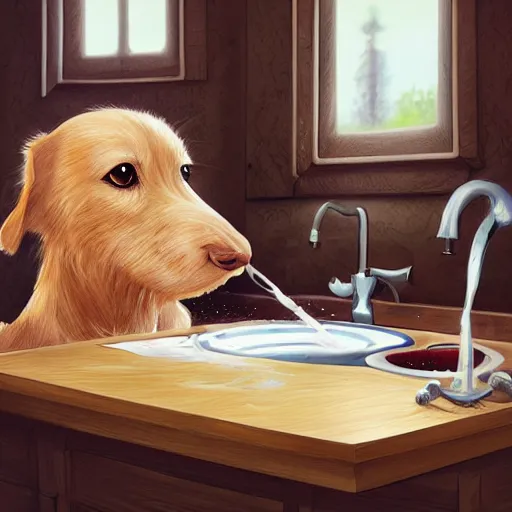 Image similar to a dog washing dishes, elegant, intricate, highly detailed, digital painting, artstation, concept art, sharp focus, illustration, 8 k