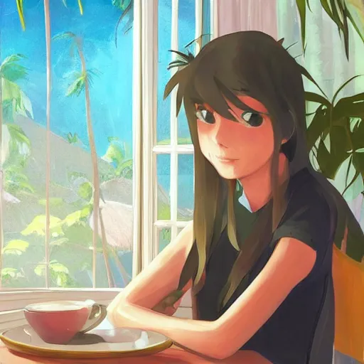 Prompt: a thin, pretty young Filipino woman with long hair sits near the window of a cute seaside Cafe drinking an espresso, golden dramatic morning light, cozy, tropical plants, beautiful anime style art, trending on artstation