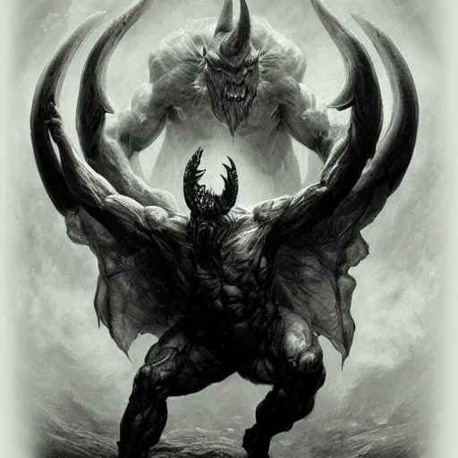 Image similar to full body, grayscale, Gustave Dore, greg rutkowski, muscled humanoid balrog demon, horns, claws, large horned tail, heroic pose, swirling flames