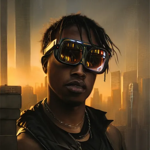 Image similar to cyberpunk, closeup portrait of a juice wrld, dramatic light, city background, sunset, dystopian setting, high contrast, sharp, neuromancer, henry dorsett case, painted by stanley lau, painted by greg rutkowski, painted by stanley artgerm, digital art, trending on artstation