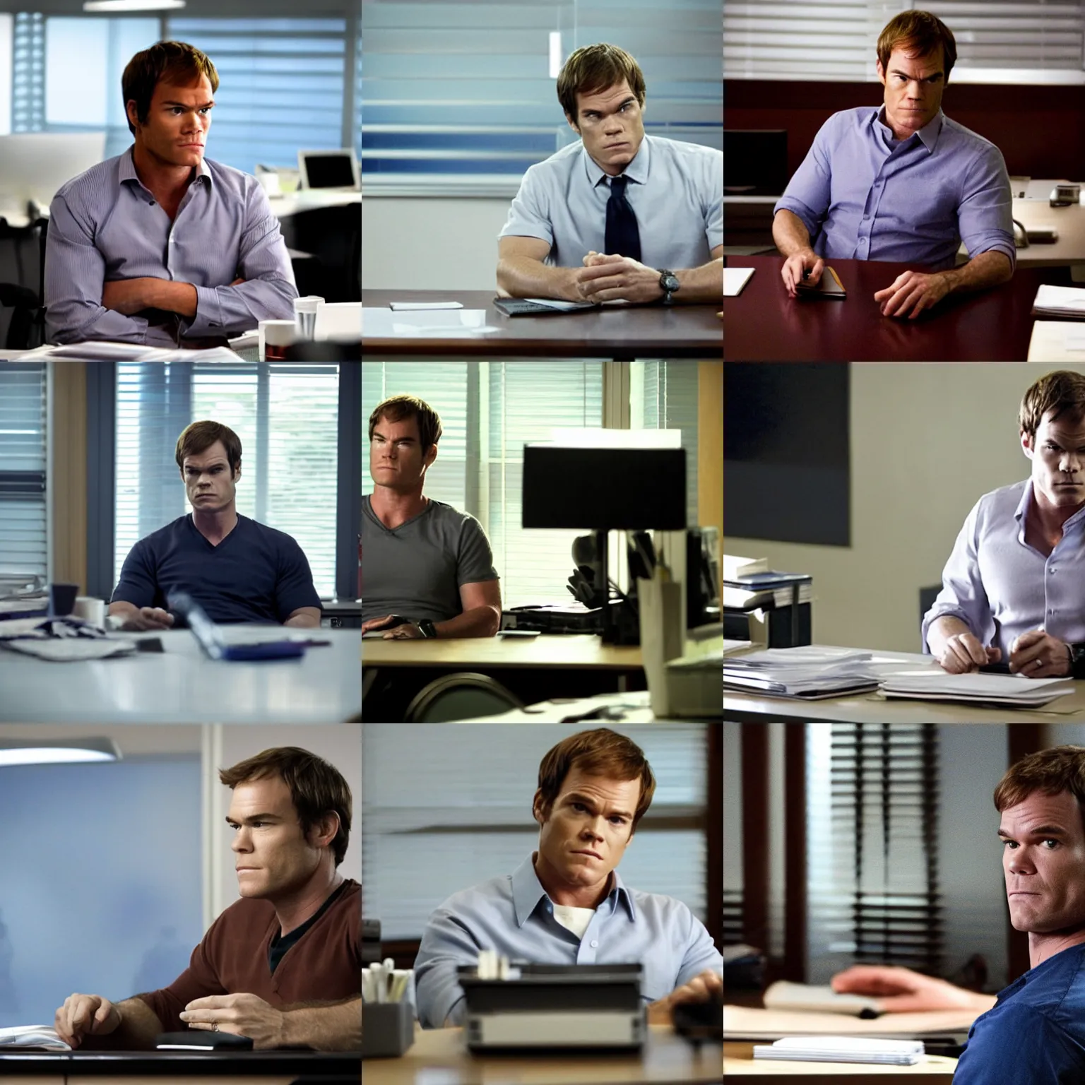 Prompt: still image from TV series, Dexter Morgan, sitting behind a desk, working in an office, depth of field, bokeh