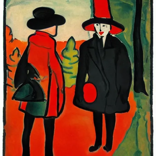 Prompt: A thin man in a black coat and bowler hat talks with small girl who is dressed in a red coat and a red hat, park, autumn, 1923, in the style of Oskar Kokoschka, wide angle, high detail, width 768