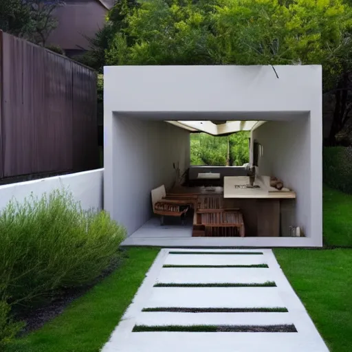 Prompt: small elongated concrete backyard, modern style.