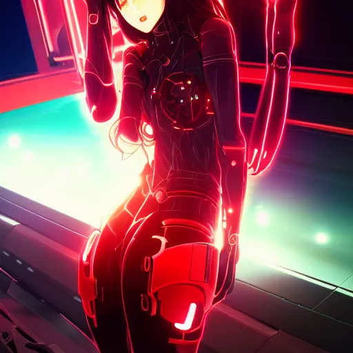 Image similar to digital anime, cyborg - girl refracting reality, black red long hair!, biomechanical details, neon background lighting, reflections, wlop, ilya kuvshinov, artgerm