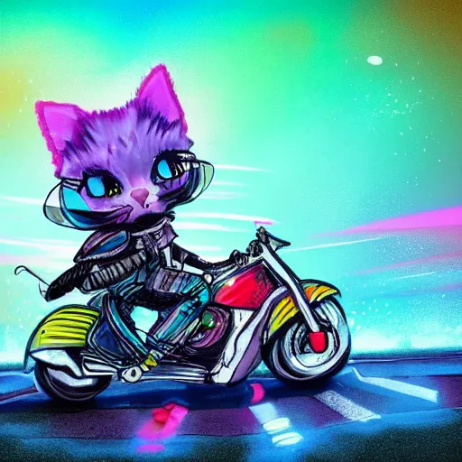 Image similar to wide angle full body, jacket wearing fluffy cute rainbow kitten wearing a black leather motorcycle jacket, riding on a motorcycle, cinematic concept art