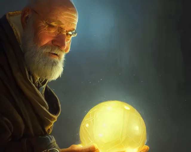 Image similar to old man creating a glowing orb, deep focus, d & d, fantasy, intricate, elegant, highly detailed, digital painting, artstation, concept art, matte, sharp focus, illustration, hearthstone, art by artgerm and greg rutkowski and alphonse mucha