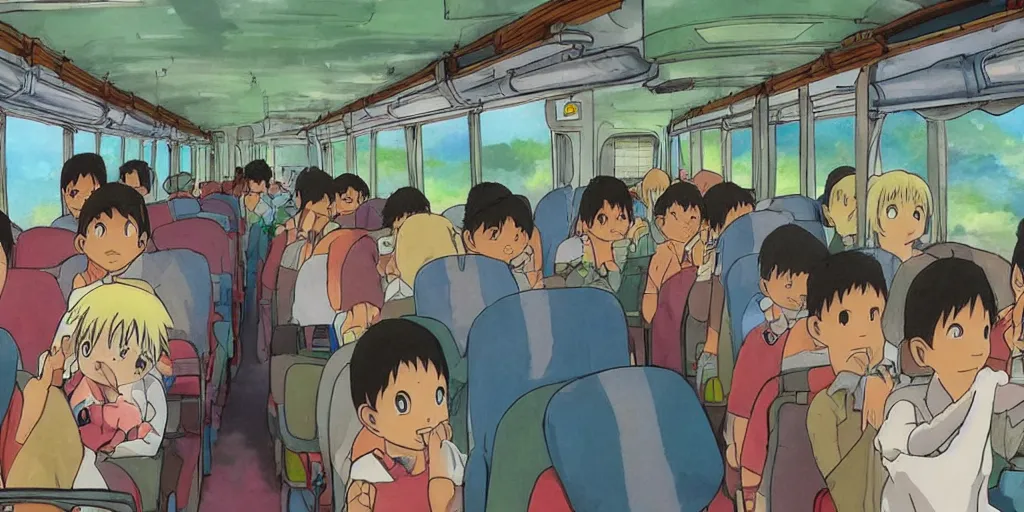 Image similar to inside sri lankan bus, drawn by hayao miyazaki