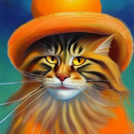 Image similar to Beatiful Oil painting of an orange Maine-coon with a white beard. wearing a wide-brimmed straw white sombrero sombrero