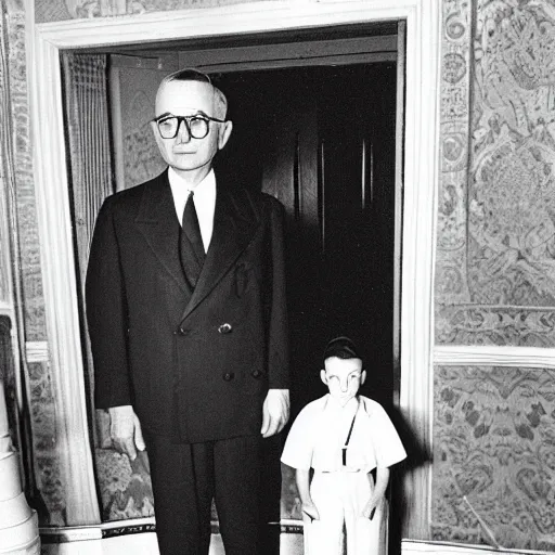 Prompt: monochrome vintage photograph of Harry Truman standing next to a tall cute alien in the white house, ultra detailed, ultra intricate,