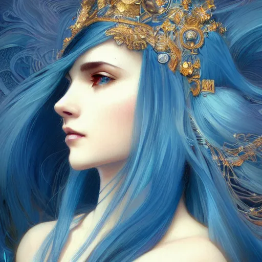 Prompt: goddess, blue hair, intricate, elegant, ethereal, highly detailed, retro, digital painting, artstation, concept art, smooth, sharp focus, long shot, illustration, art by artgerm and greg rutkowski and alphonse mucha