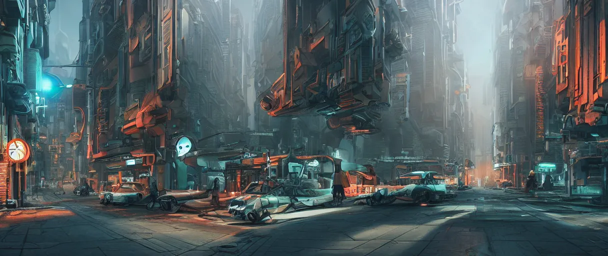 Image similar to street in a futuristic city, dieselpunk style, high detailed, superrealism, octane render, ray tracing, unreal engine, cinematic mode, redshift, hdr, hyperrealist, trending of artstation, optical flare, smart sharpen, global ilumination, ambient oclusion, film 3 5 mm, teal orange color scheme