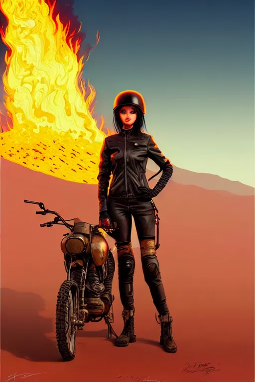 Image similar to a ultradetailed beautiful panting of post apocalyptic woman with motorbike in leather jacket with helmet in front of burning desert, anatomically correct, by ilya kuvshinov, greg rutkowski and makoto shinkai, trending on artstation