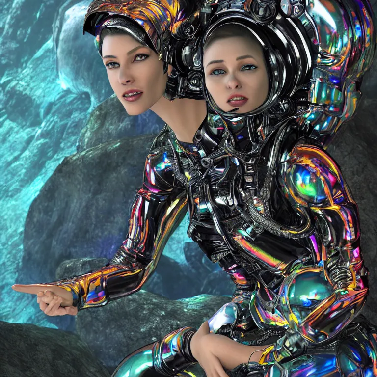 Image similar to octane render portrait by wayne barlow and carlo crivelli and glenn fabry, focus on a woman in a skintight shiny black spacesuit with intricate iridescent metal detailing, covered in bright colorful tropical alien flora in front of a giant rocky cliff, cinema 4 d, ray traced lighting, very short depth of field, bokeh