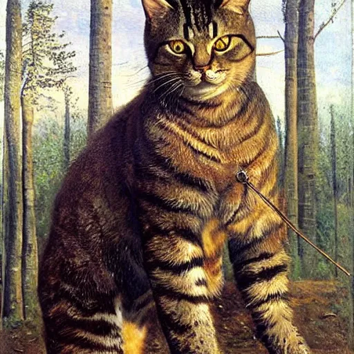 Image similar to huge cat harnessed to a cart, oil painting by Ivan Shishkin