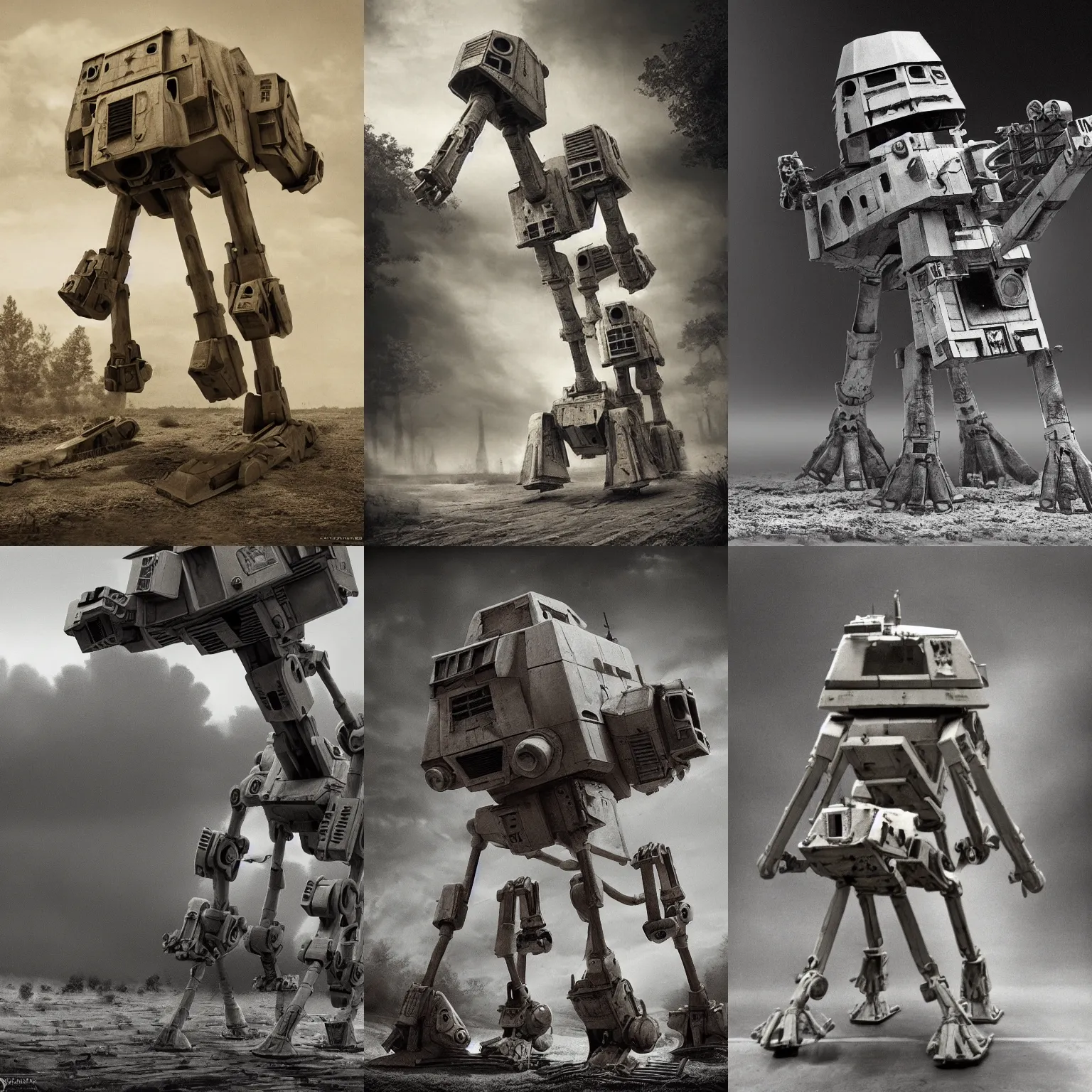 Prompt: Sepia photo of imperial AT-ST in the second world war, extremly high details trending on art station historical photo archive
