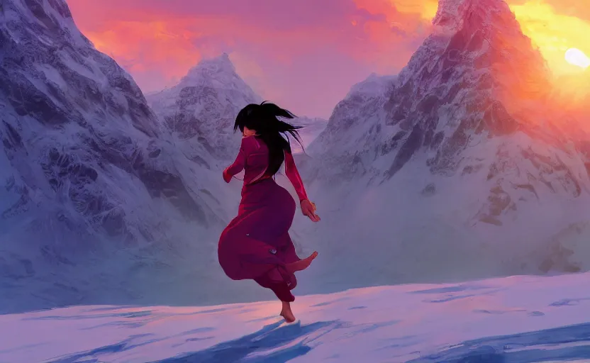 Image similar to Himalayan woman walking barefoot in the snow, beautiful flowing fabric, sunset, dramatic angle, cold, lost, hopeless, dynamic pose, 8k hdr pixiv dslr photo by Makoto Shinkai ilya kuvshinov and Wojtek Fus