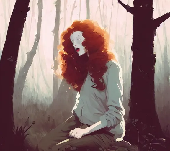 Image similar to portrait woman with long ginger curly hair in the woods, by atey ghailan, by greg rutkowski, by greg tocchini, by james gilleard, by joe fenton, by kaethe butcher, by ashley wood, dynamic lighting, gradient light blue, brown, blonde cream and white color scheme, grunge aesthetic