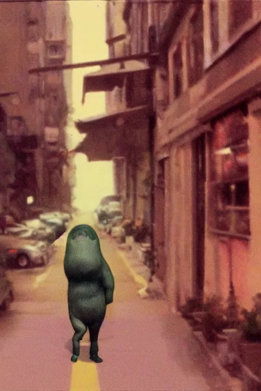 Prompt: still from vhs footage of worm!!! cryptid walking down street