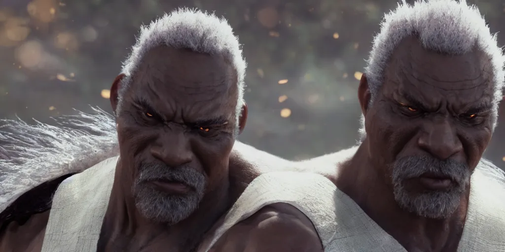 Prompt: a film still of a black man starring in a japanese blockbuster film as heihachi from tekken 7, shallow depth of field, cinematic, award winning cgi, vfx, film still