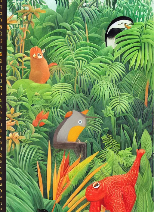 Image similar to rare bird in the jungle, highly detailed, style of henri rousseau and richard scarry and hiroshi yoshida