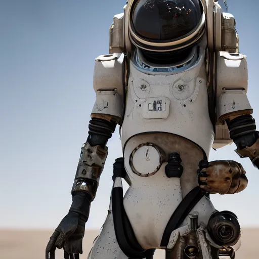 Image similar to portrait photography of a white steampunk space engineer suit, in an desert alien planet, ultra detail, beautiful light, high detail, 8 k, f / 2. 8, octane render