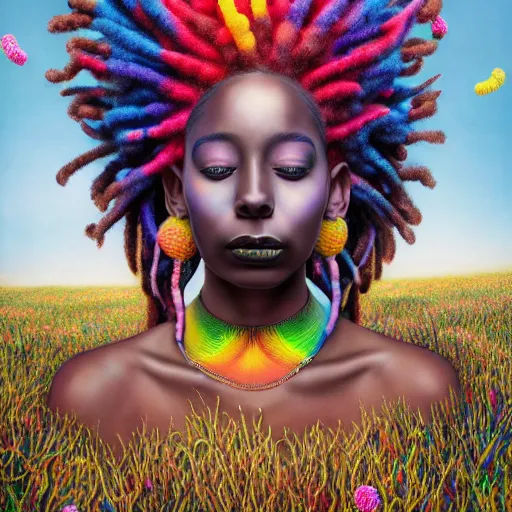 Image similar to a wide angle shot of a black girl with colorful dreadlocks in a field of candy, by Adi granov and afarin sajedi and amanda sage and evgeni gordiets and Agostino Arrivabene and adonna khare in a psychedelic portrait style, ultrarealistic matte painting, volumetric lighting, fractal, extremely symmetrical, highly detailed face, orisha, 8k, hd