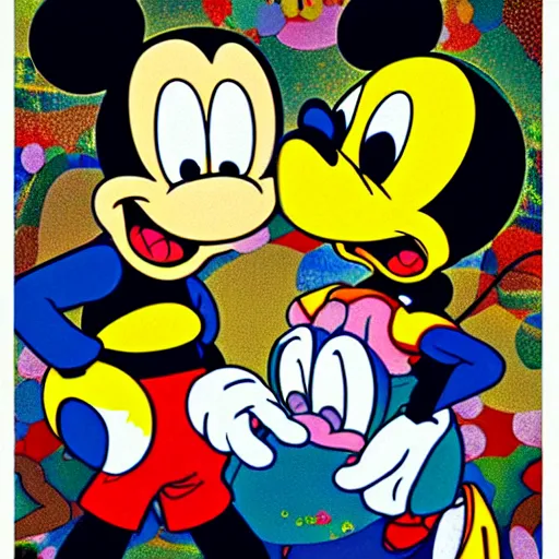 Image similar to mickey mouse and bart simpsons anime manga glitch art pop art by takashi murakami