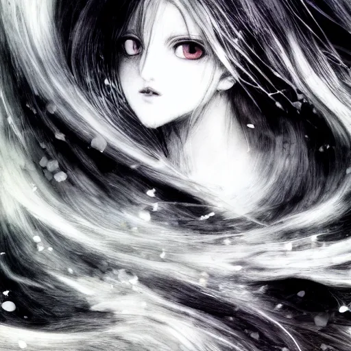 Image similar to Yoshitaka Amano blurred and dreamy illustration of an anime girl with black eyes, wavy white hair fluttering in the wind and cracks on her face wearing organic elden ring armor, abstract black and white patterns on the background, noisy film grain effect, highly detailed, Renaissance oil painting, weird camera angle