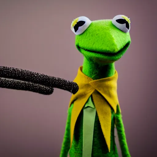 Prompt: Kermit the frog real life puppet hanged with a rope from behind, realistic, DSLR photo, moody lighting, detailed