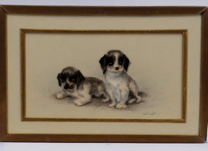 Image similar to Louis Icart, an old elaborate colored drawing of adorable little puppies by Louis Icart, highly detailed, masterpiece