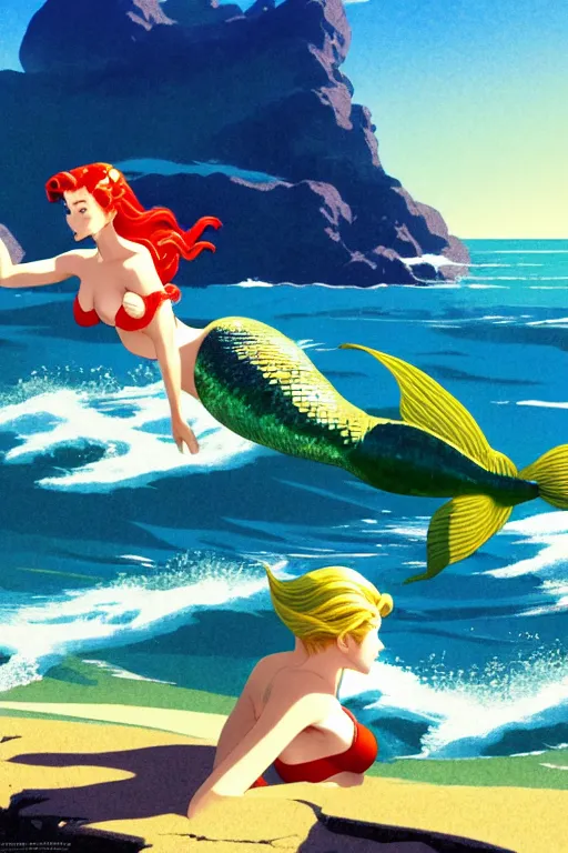 Prompt: mermaid, above the sea, sunny day, scenery wallpaper aesthetic, beautiful, cinematic, dramatic, super detailed and intricate, hyper realistic, 4 k render, by hiroshi yoshida, by darwyn cooke, by kentaro miura, by koson ohara,