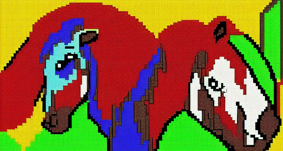 Image similar to Stallion eating cake, pixel art, 16 bit