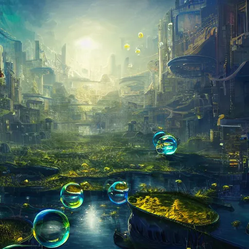 Image similar to a utopian city, filled with fauna, with bubbles floating around everywhere, dynamic lighting, fantasy concept art, trending on art station, stunning visuals, creative, cinematic, ultra detailed