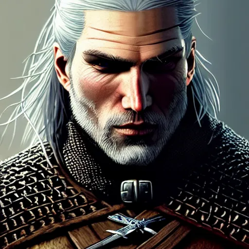 Prompt: geralt of rivia, golden eyes, silver hair, wolf pedant, 4 k, artstation, cgsociety, award - winning, masterpiece, stunning, beautiful, glorious, powerful, fantasy art, bisley, simon