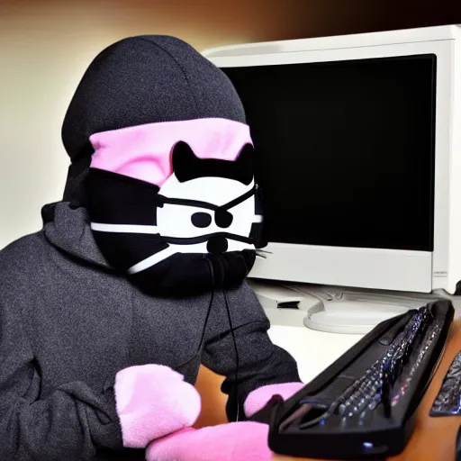 Image similar to Stock image of a burglar wearing a ski mask hacking into a Hello Kitty computer, funny, bizzare