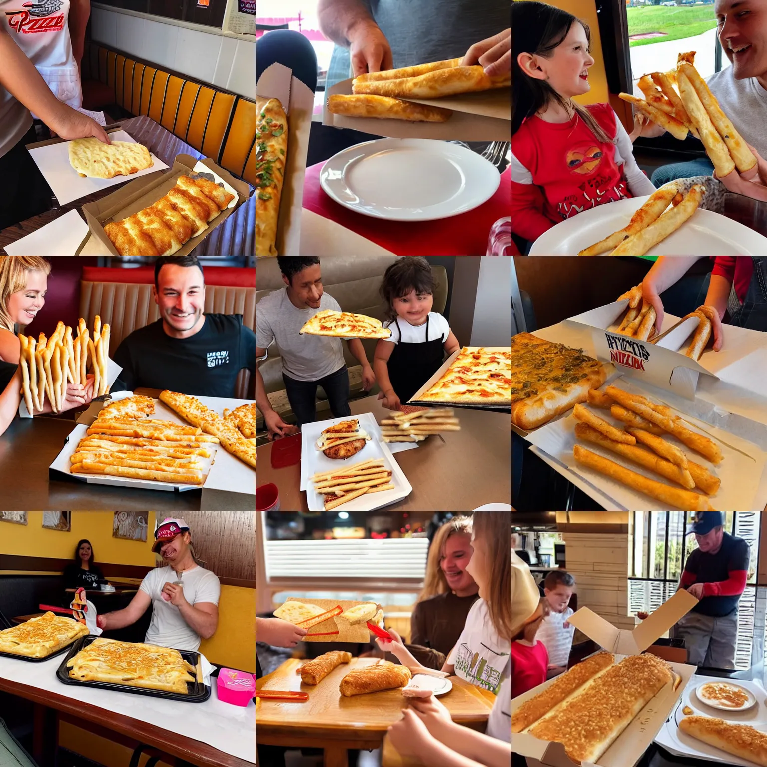 Prompt: baby seal disguised as cheesy bread sticks being delivered to a family at a table at Pizza Hut restaurant