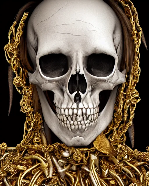 Image similar to realistic portrait of a pirate of bones, dark, gold, silver ornaments, facing camera, photo realistic, detailed, 1 4 5 0, delicate, hyper realism, ultra realistic, 8 k