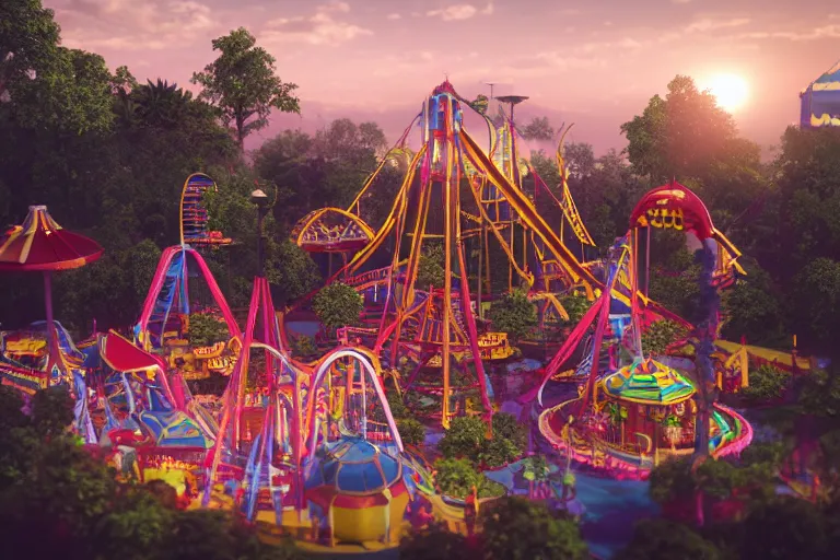 Image similar to miniature of amusement Park, volumetric lighting, macro shot, Octane Render, Artstation