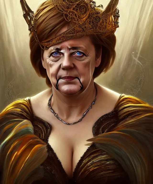 Prompt: angela merkel as a fantasy magic woman portrait, sci - fi, amber eyes, face, long hair, fantasy, intricate, elegant, highly detailed, digital painting, photo by reuters, artstation, concept art, sharp focus, art by artgerm and greg rutkowski and alphonse mucha