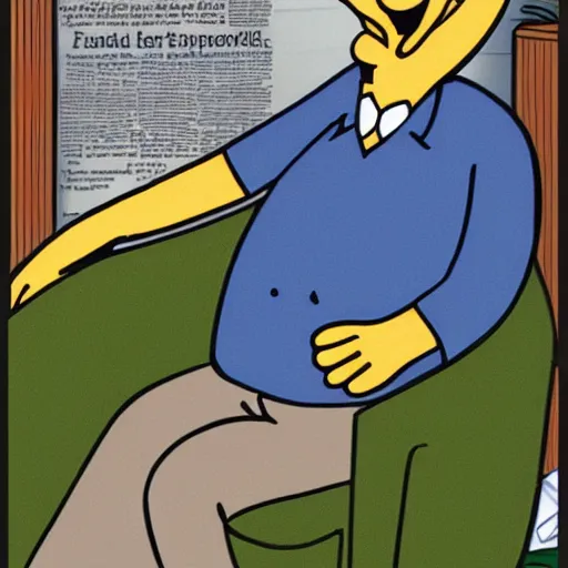 Prompt: Garfield sitting in a green lounge chair reading the newspaper looking for an item on the side table, in the style of garfield