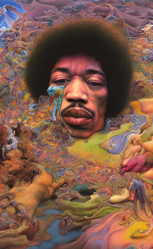 Image similar to ultrawide angle colour masterpiece surreal closeup portrait photography of jimi hendrix playing on stage by miho hirano and annie leibovitz and michael cheval, weird surreal epic psychedelic complex biomorphic 3 d fractal landscape in background by kilian eng and roger dean and salvador dali and beksinski, 8 k